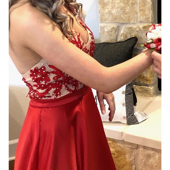 Say Yes To The Prom Embroidered Lace A-Line Dress Size 1 Pockets Backless Red - Picture 6 of 16